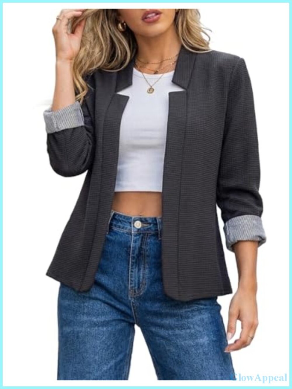 Lightweight 3/4 Sleeve Open Front Blazer Work Office Jacket
